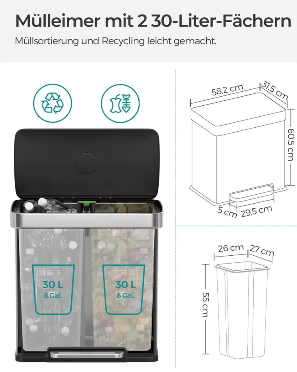Cheap SONGMICS Mülleimer Küche mit Deckel Softclose Silber