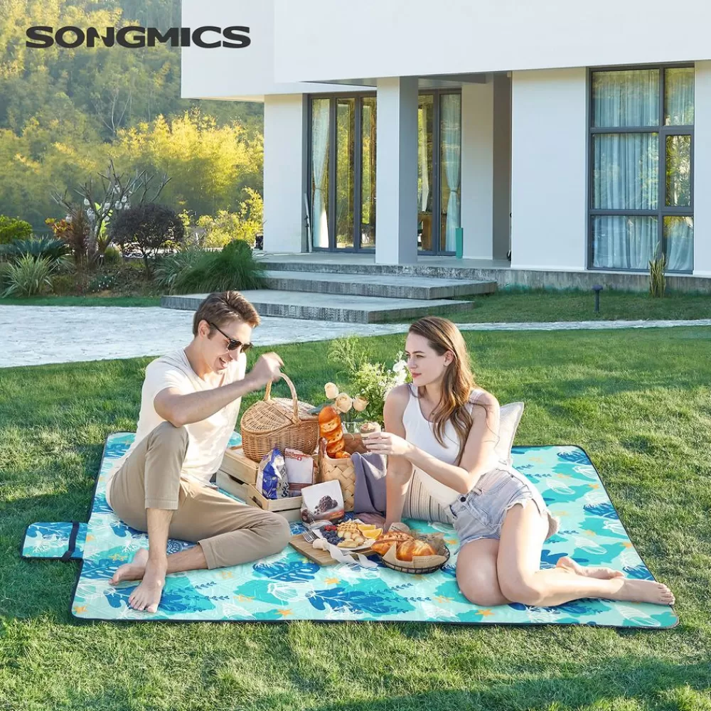 Shop SONGMICS Picknickdecke 200 x 200 cm große aquamarin mit Strand-Motive Bunt