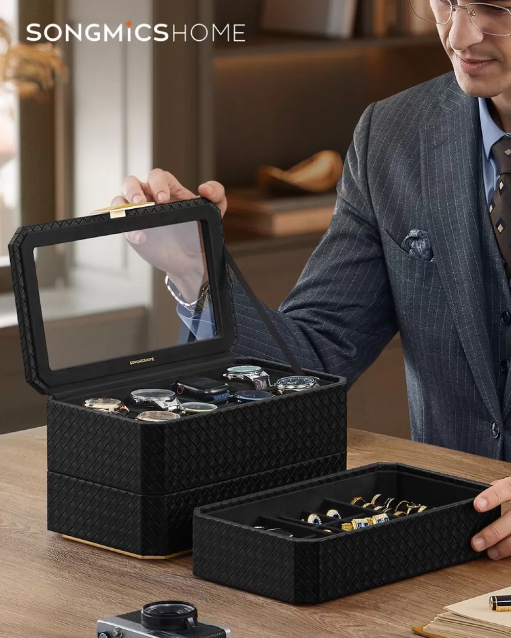 Sale SONGMICS RONNE Kollektion - Uhrenbox 3 Ebenen Tintenschwarz