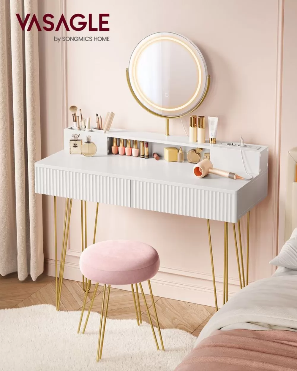 Shop SONGMICS Schminktisch mit Hocker und Beleuchtung 40 x 100 x 134,8 cm Mattweiß + Blassgold