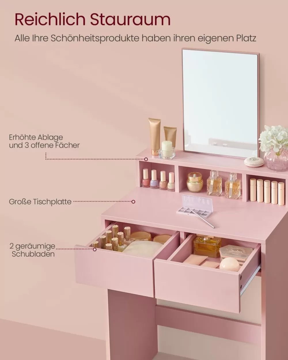 schminktisch_mit_spiegel_und__schubladen_pastellrosa_3.webp Online SONGMICS Schminktisch mit Spiegel und 2 Schubladen pastellrosa