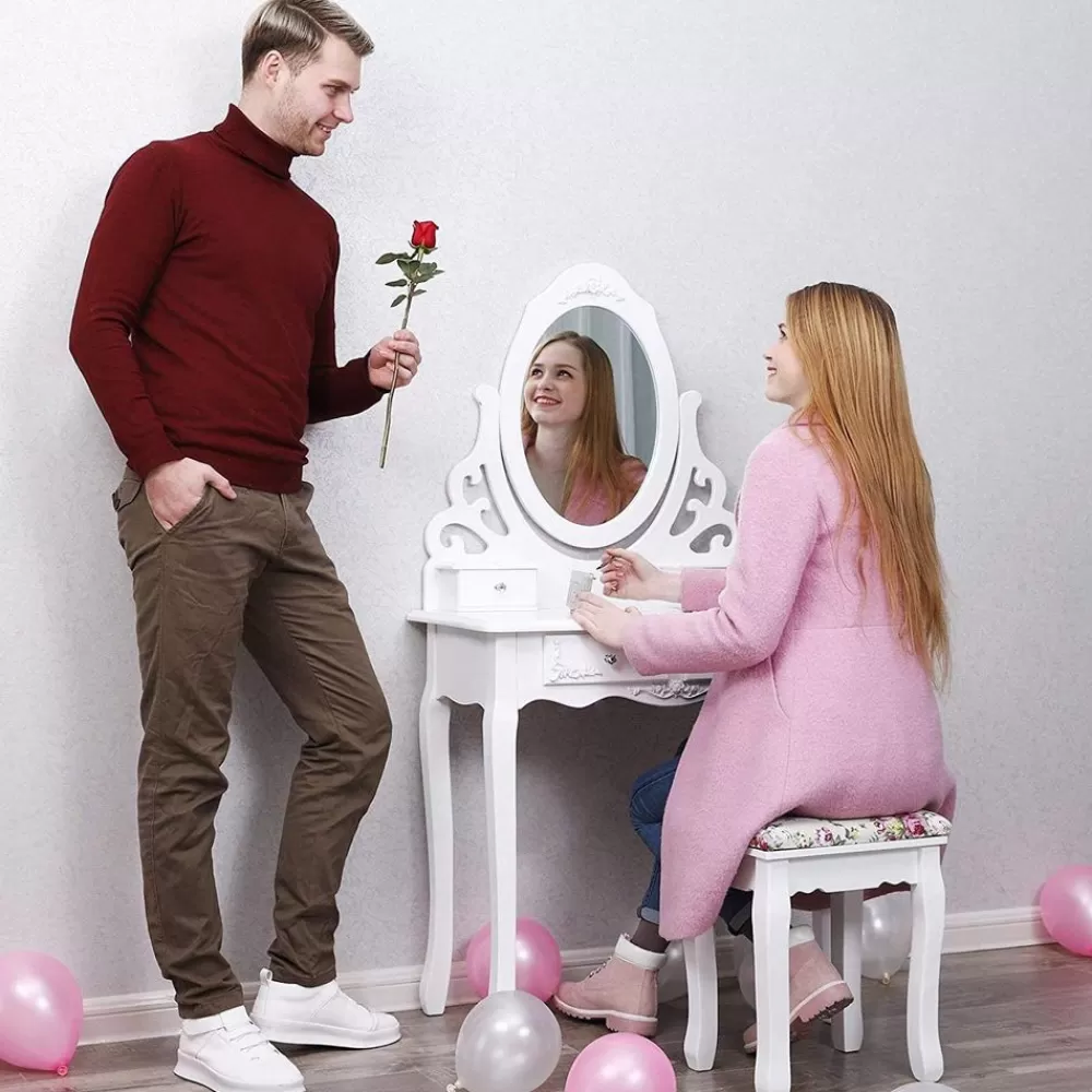 Online SONGMICS Schminktisch mit Spiegel und Hocker Weiß Weiβ