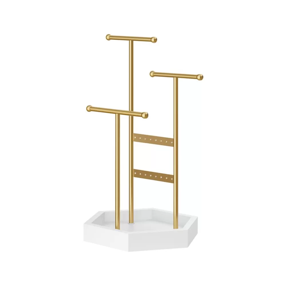 New SONGMICS Schmuckhalter, 4 getrennte Bereiche aus Metall goldfarben-weiß Goldfarben + Weiß