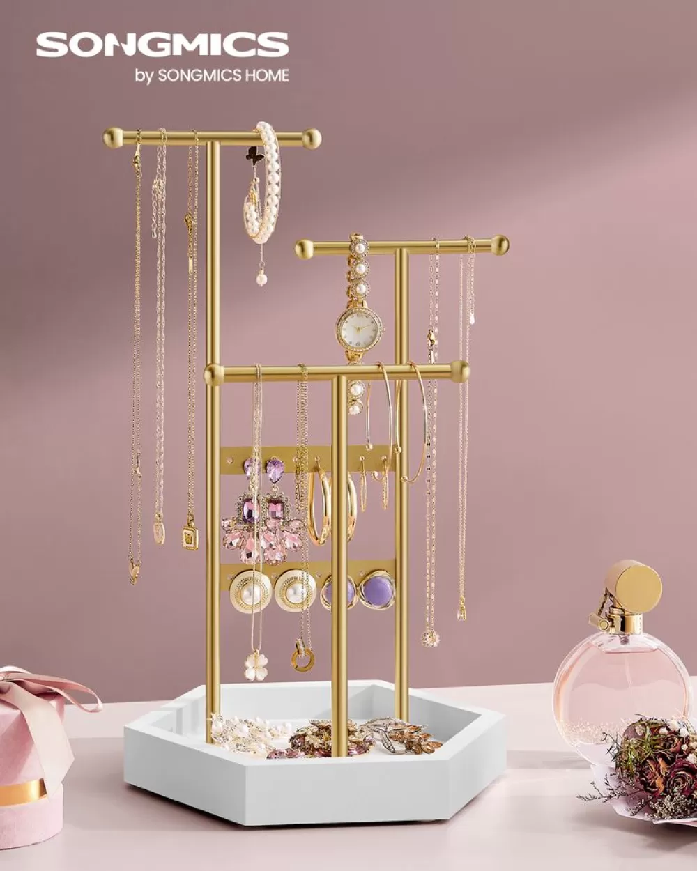 New SONGMICS Schmuckhalter, 4 getrennte Bereiche aus Metall goldfarben-weiß Goldfarben + Weiß