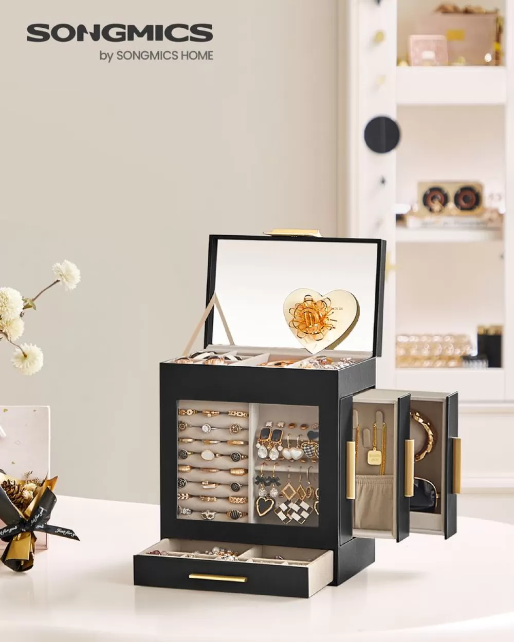 Store SONGMICS Schmuckkasten 5 Ebenen großer Spiegel tintenschwarz-metallisches Gold