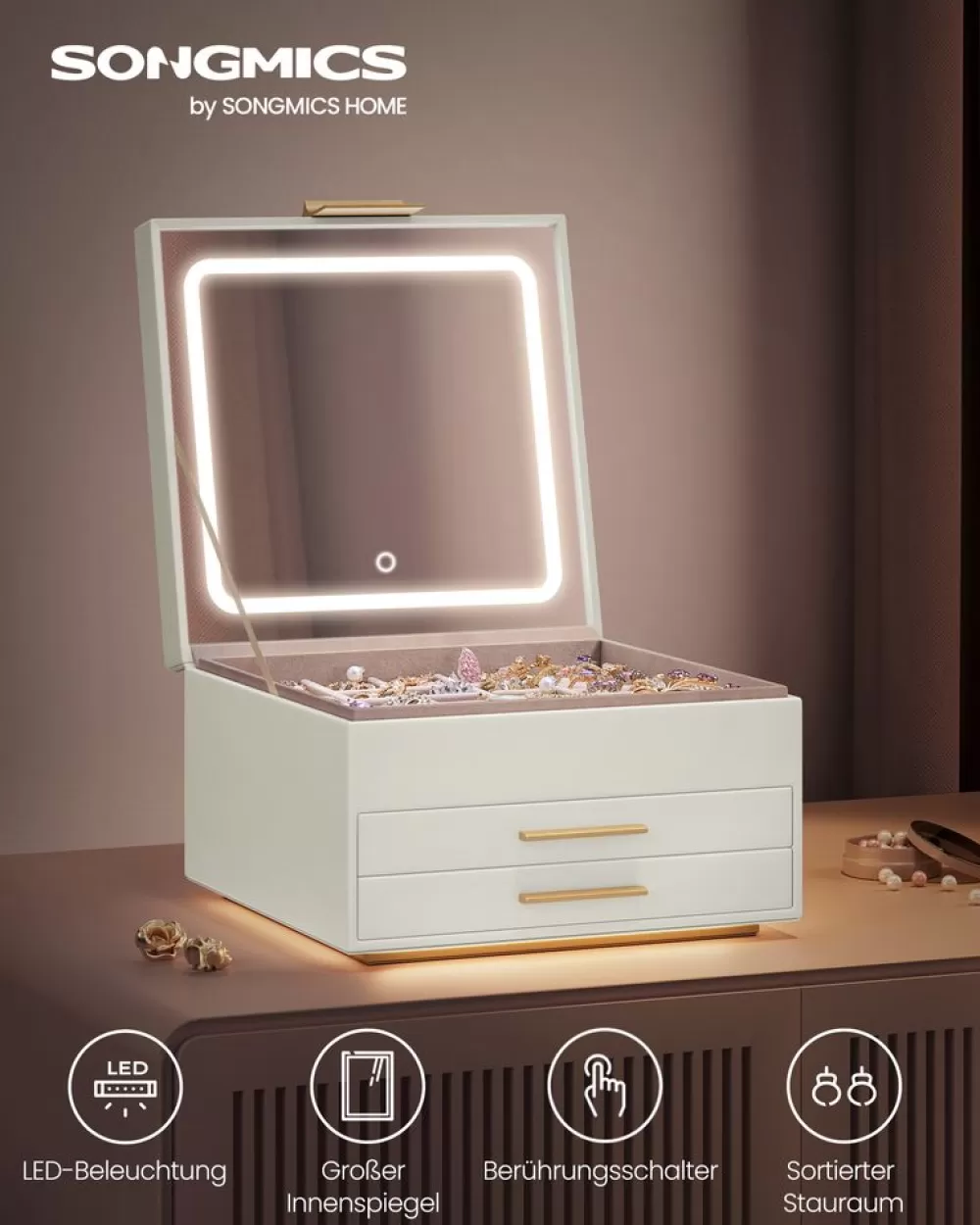 Best Sale SONGMICS Schmuckkästchen 3 Ebenen mit Spiegel cremeweiß-goldfarben