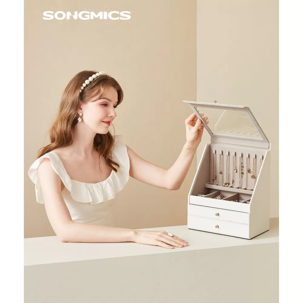 Sale SONGMICS Schmuckkästchen mit schrägem Glasfenster Wolkenweiß