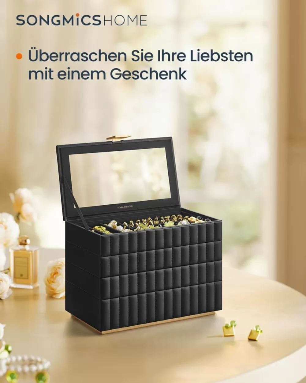 Hot SONGMICS Schmuckkästchen mit Spiegel und 4 Ebenen tintenschwarz