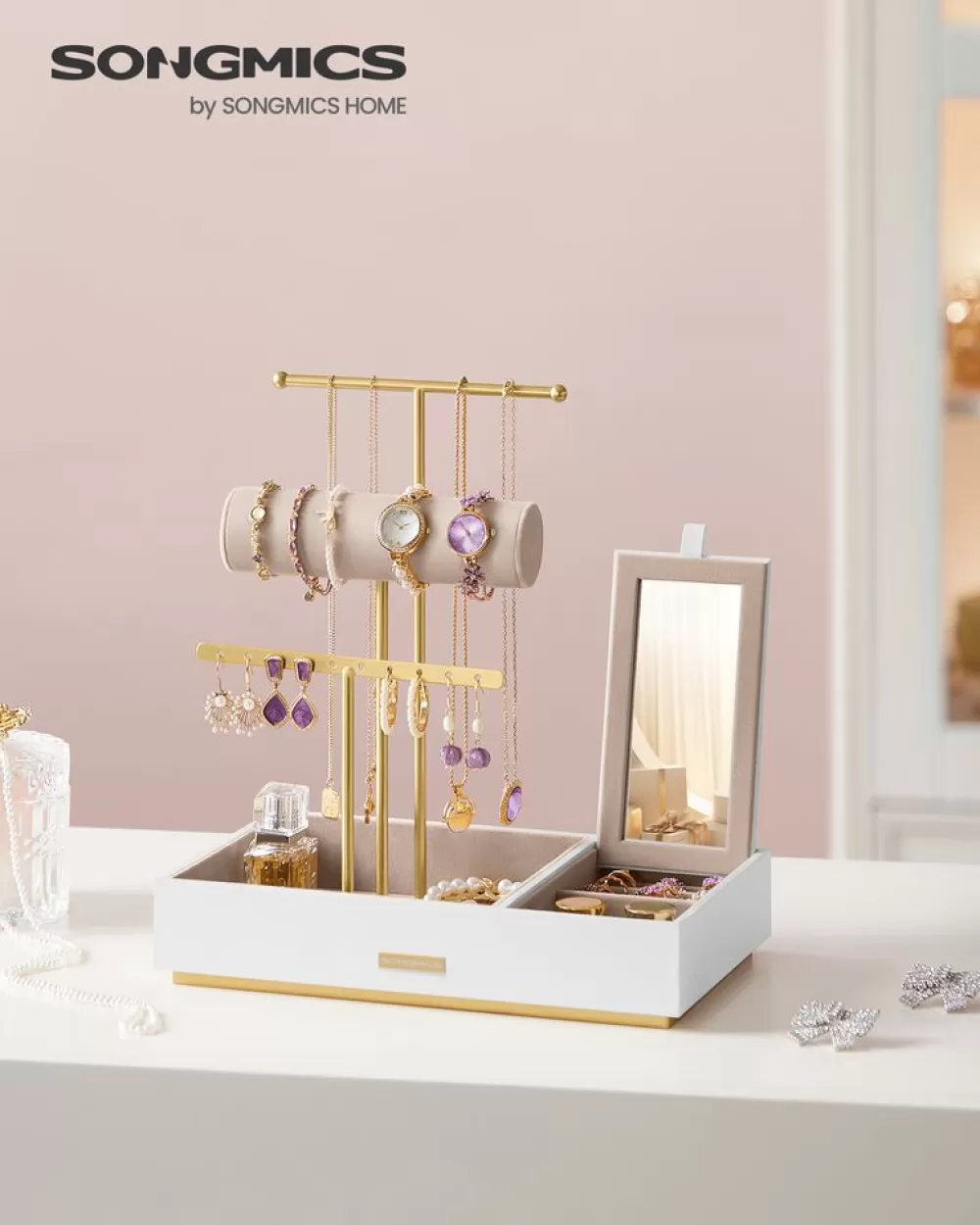 Best Sale SONGMICS Schmuckständer mit Spiegel Geschenkidee goldfarben-weiß