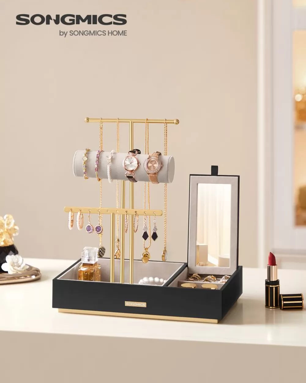 schmuckstnder_mit_spiegel_geschenkidee_goldfarbenwei_8.webp Best Sale SONGMICS Schmuckständer mit Spiegel Geschenkidee goldfarben-weiß