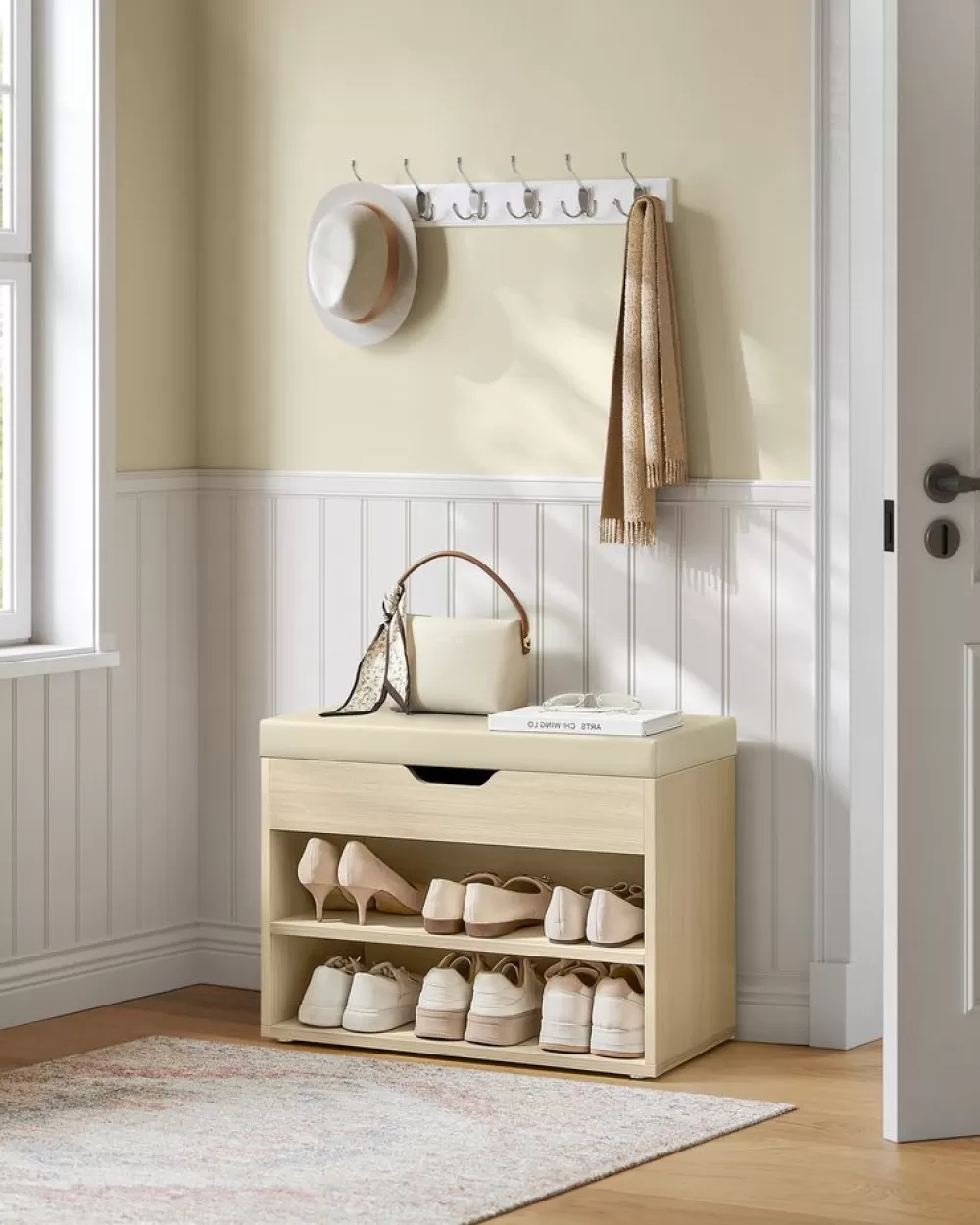 New SONGMICS Schuhbank mit Kissen 30 x 60 x 44 cm naturbeige