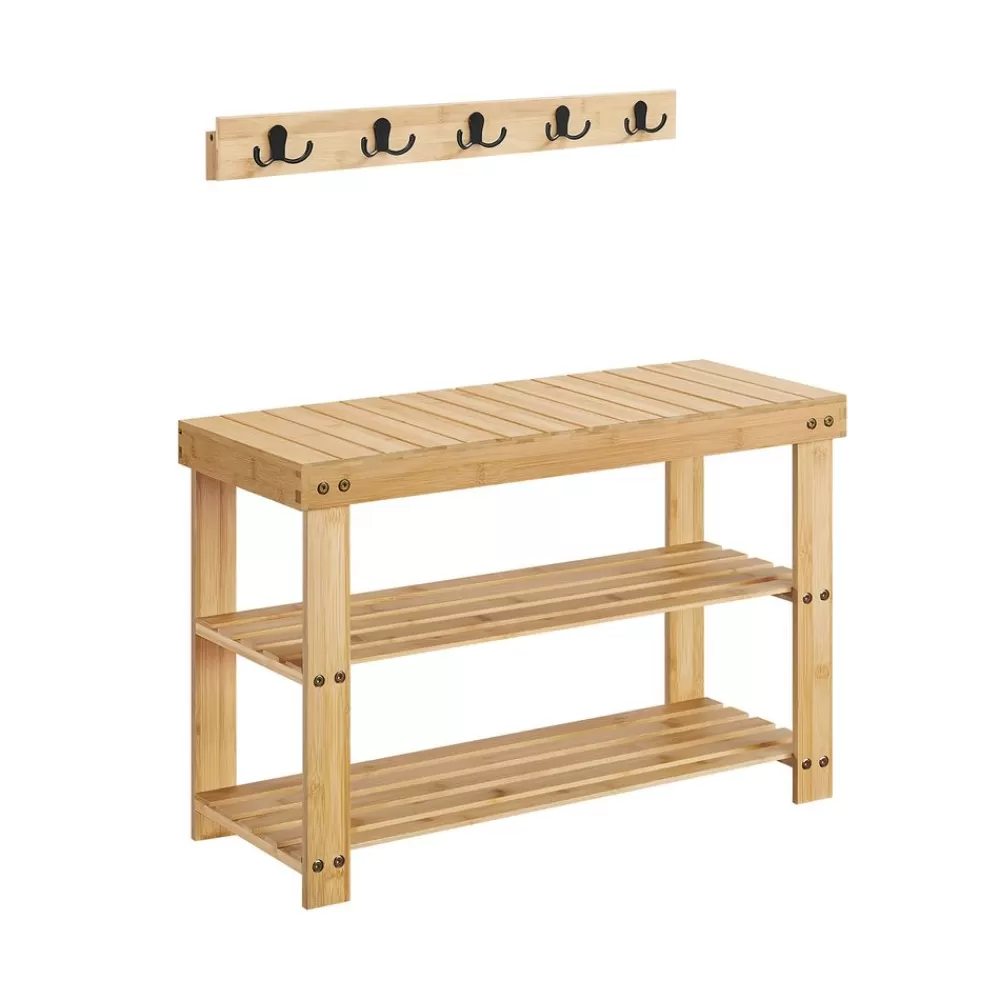 Best SONGMICS Schuhbank Wandgarderobe Set aus Bambus naturbeige