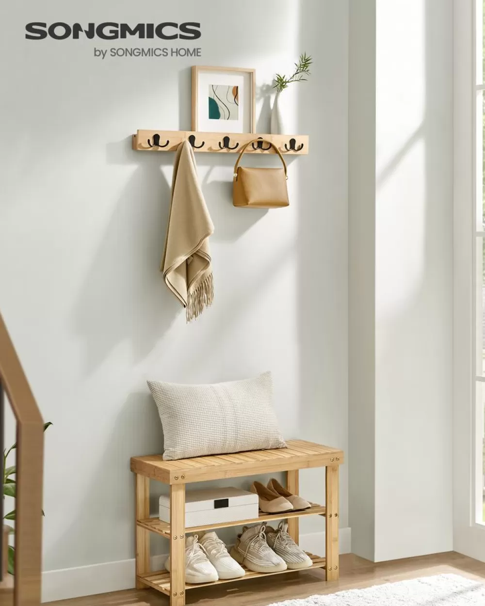 Best SONGMICS Schuhbank Wandgarderobe Set aus Bambus naturbeige