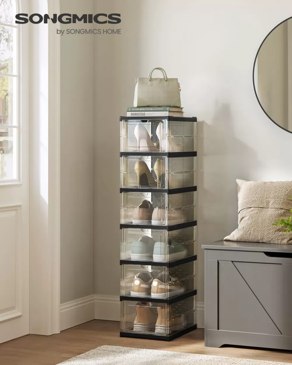 Outlet SONGMICS Schuhschrank mit 6 Schuhboxen transparent-tintenschwarz