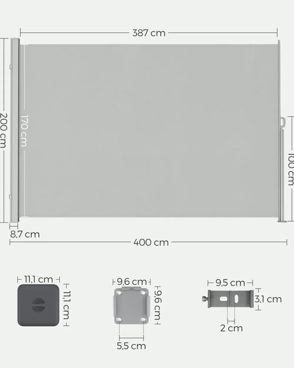 Sale SONGMICS Seitenmarkise, ausziehbar, 200 x 400 cm, Sichtschutz Hellgrau