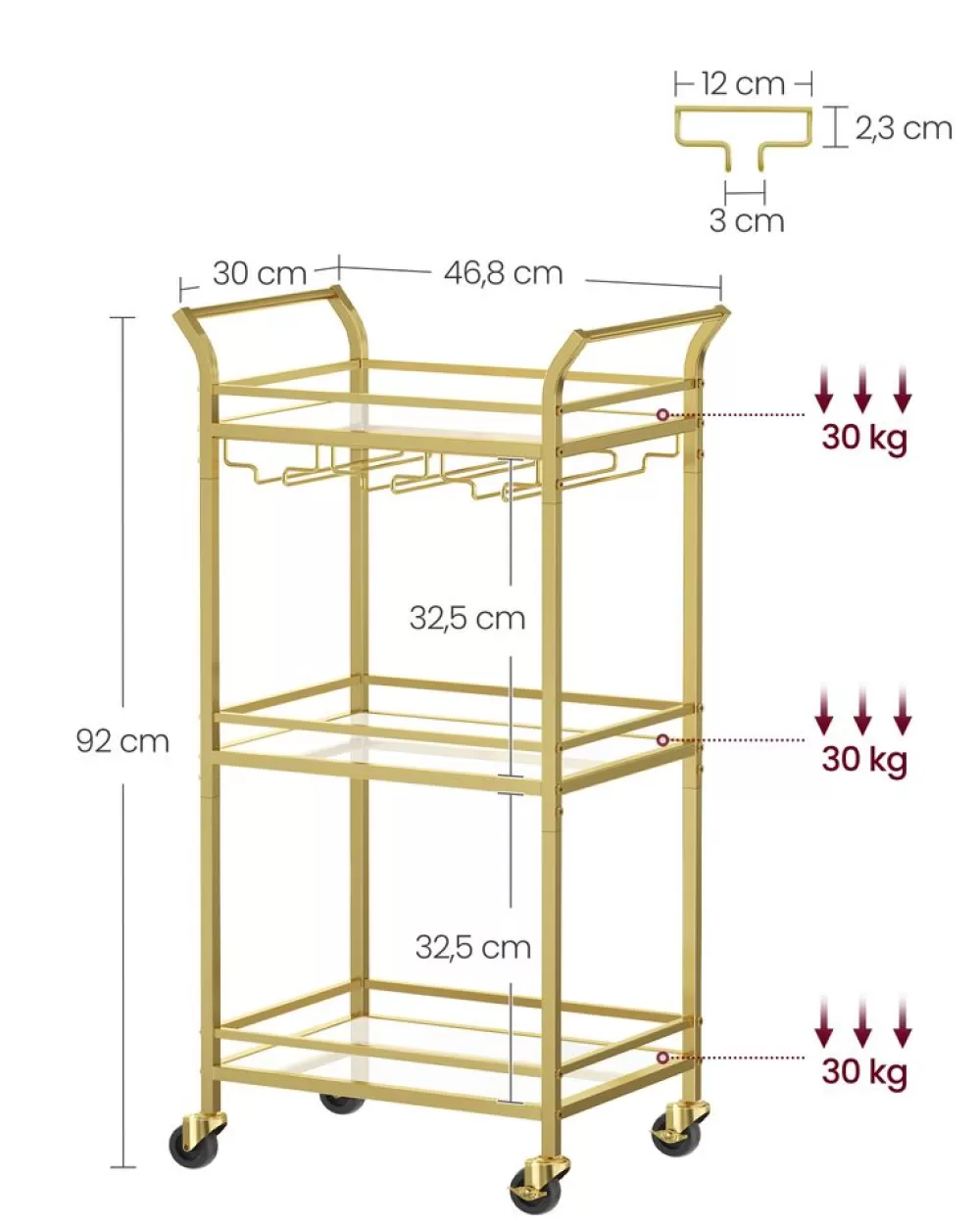 servierwagen__ebenen_mit_rollen_goldfarben_6.webp Best Sale SONGMICS Servierwagen 3 Ebenen mit Rollen goldfarben