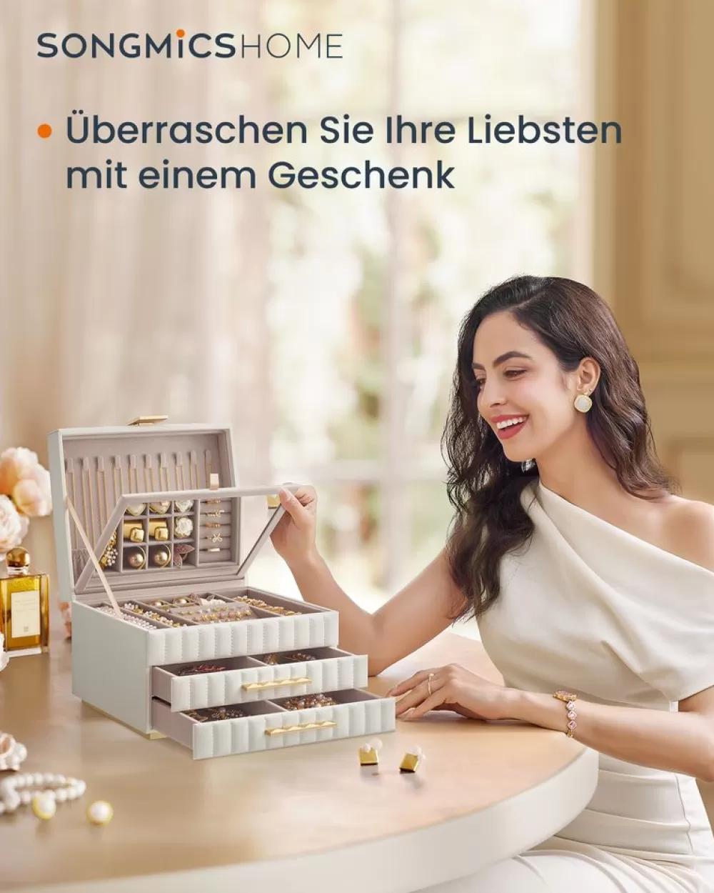 Sale SONGMICS HOME ANAH Kollektion - Schmuckkästchen mit Spiegel 3 Ebenen wolkenweiß