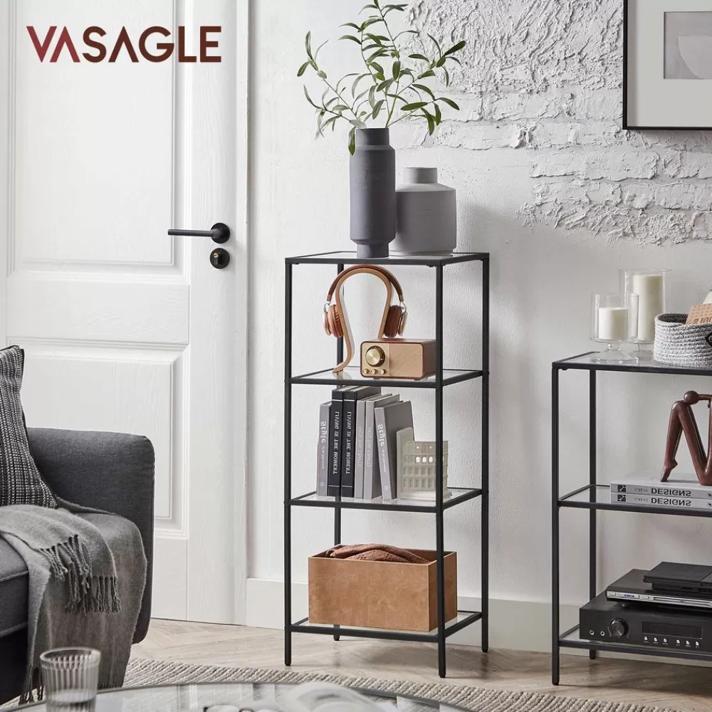 Discount SONGMICS Standregal mit 4 Ablagen aus Hartglas Schwarz