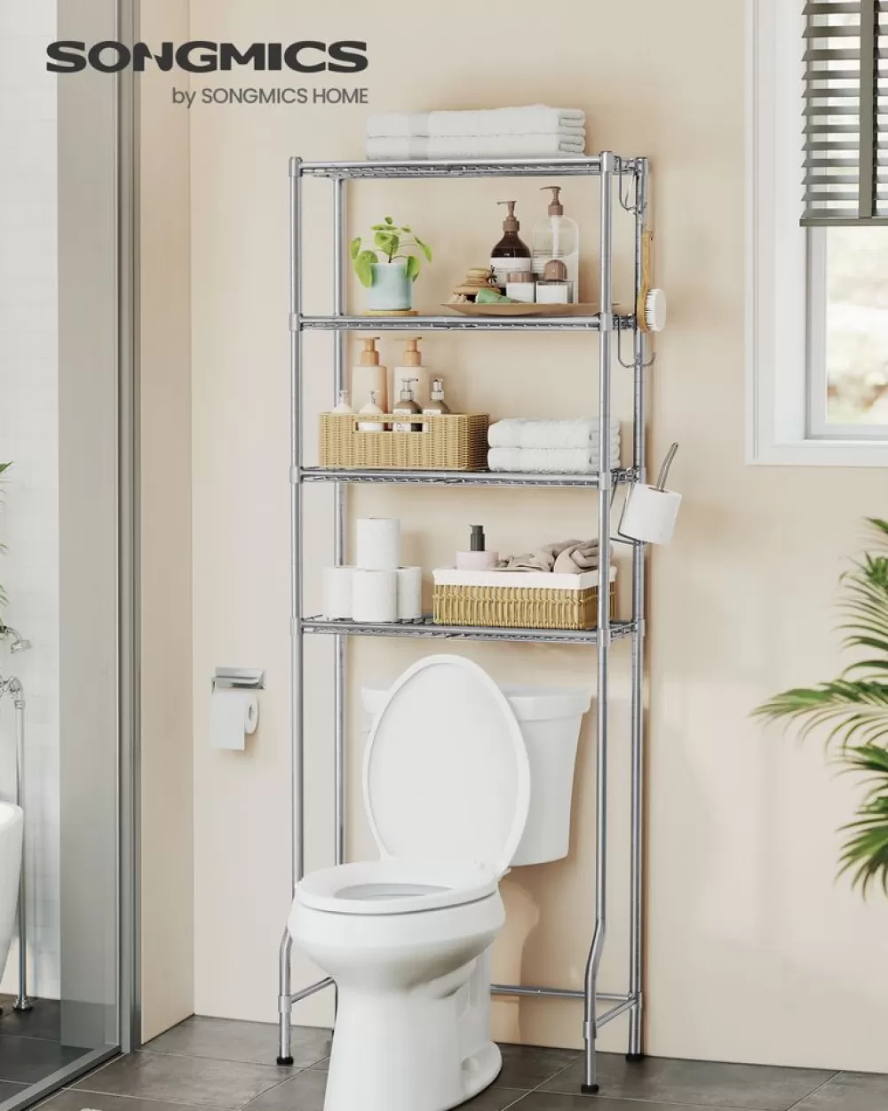 Best Sale SONGMICS 4-stöckiges Toilettenregal mit Ablagen Haken taubengrau