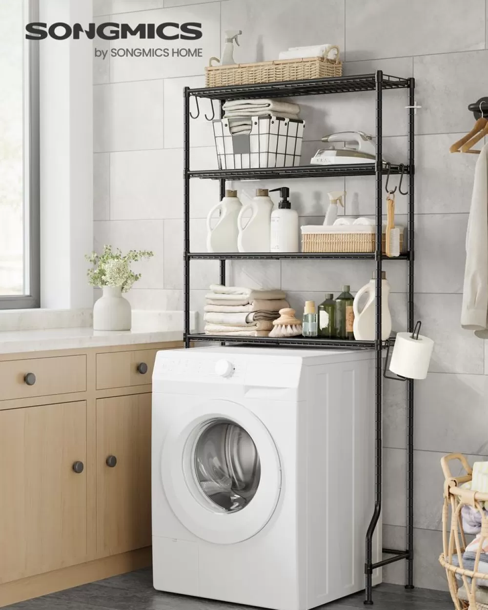 Discount SONGMICS 4-stöckiges Toilettenregal mit verstellbaren Ablagen schwarz