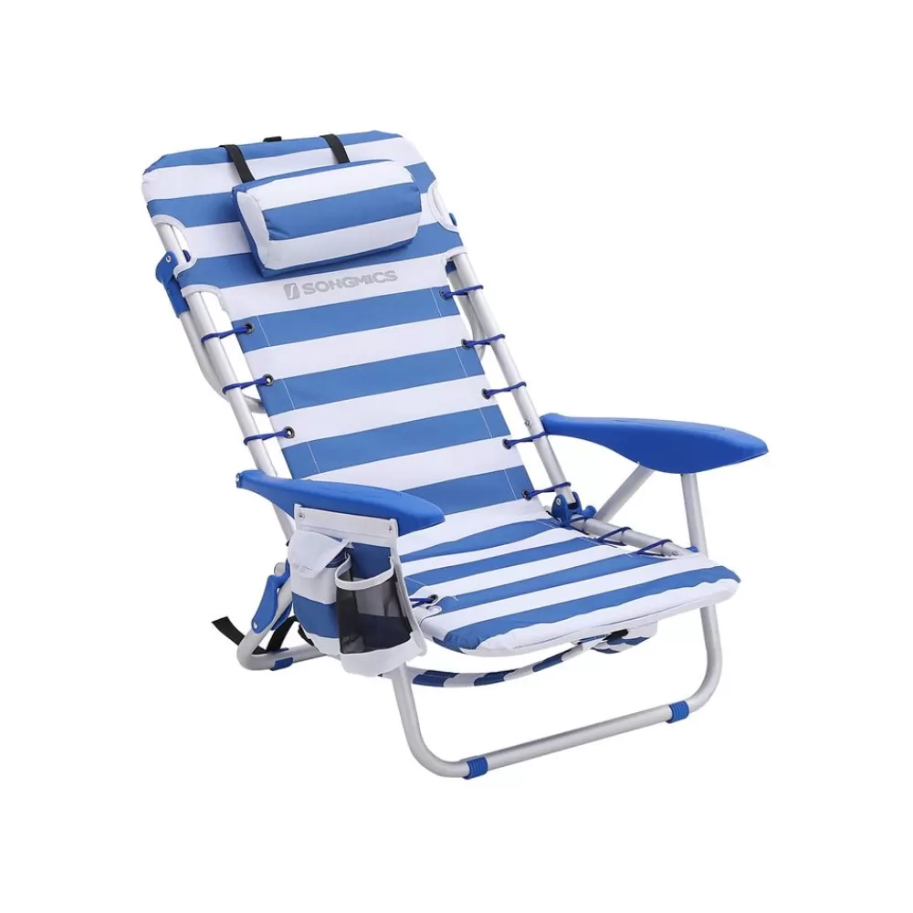 New SONGMICS Strandstuhl mit Kissen Blau-Weiß