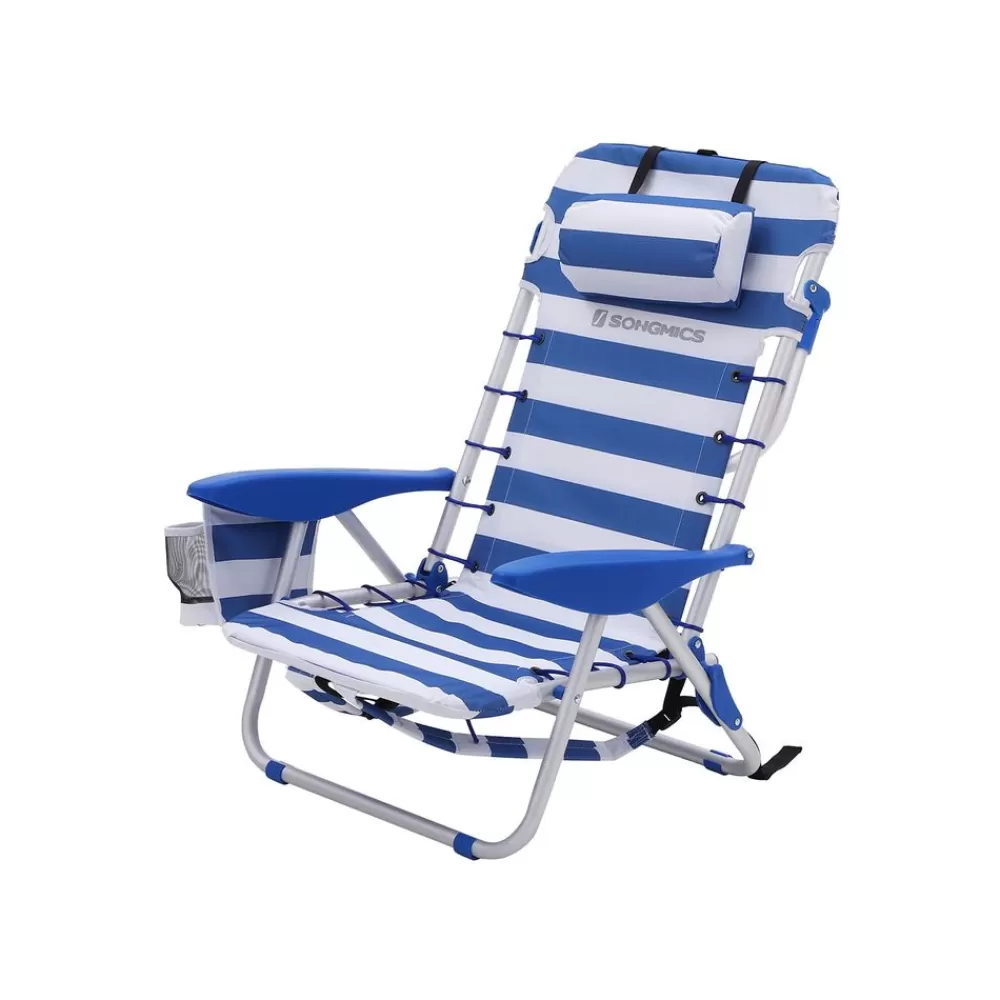 New SONGMICS Strandstuhl mit Kissen Blau-Weiß