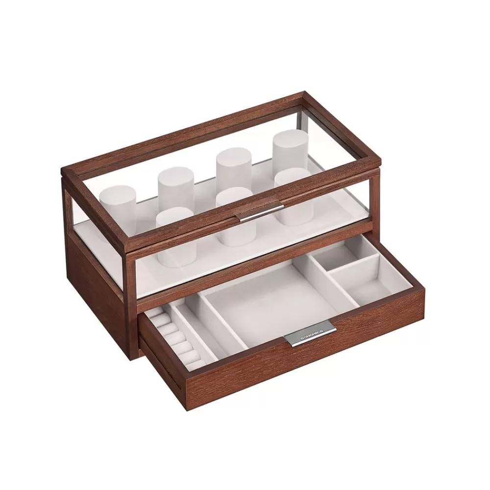New SONGMICS Uhrenbox 2 Ebenen mit 7 Uhrenkissen Geschenkidee kaffeebraun
