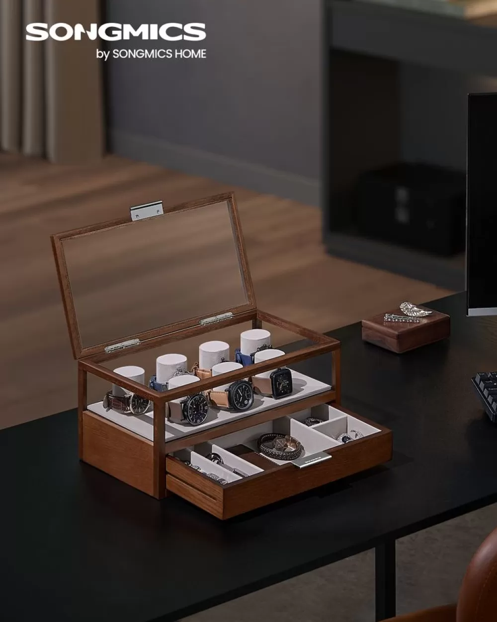 New SONGMICS Uhrenbox 2 Ebenen mit 7 Uhrenkissen Geschenkidee kaffeebraun