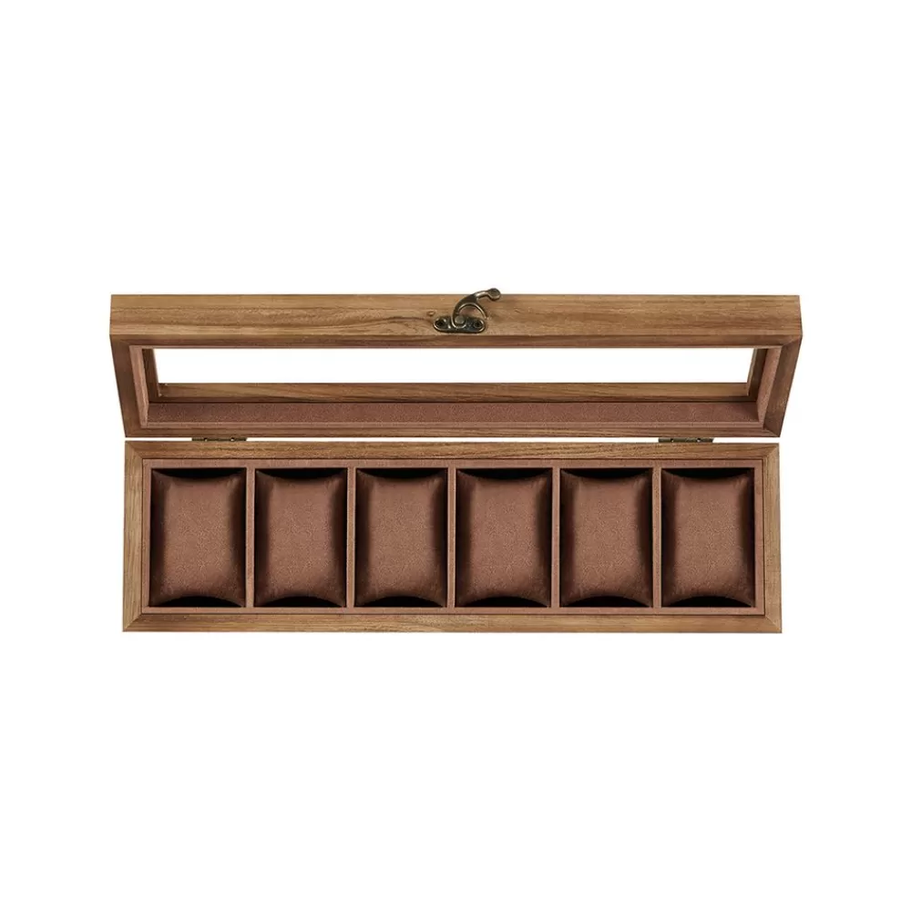 Shop SONGMICS Uhrenbox 6 Fächer aus Massivholz mit Glasdeckel walnussfarben