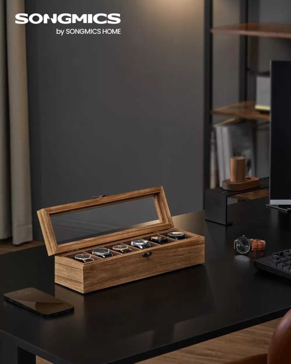 Shop SONGMICS Uhrenbox 6 Fächer aus Massivholz mit Glasdeckel walnussfarben