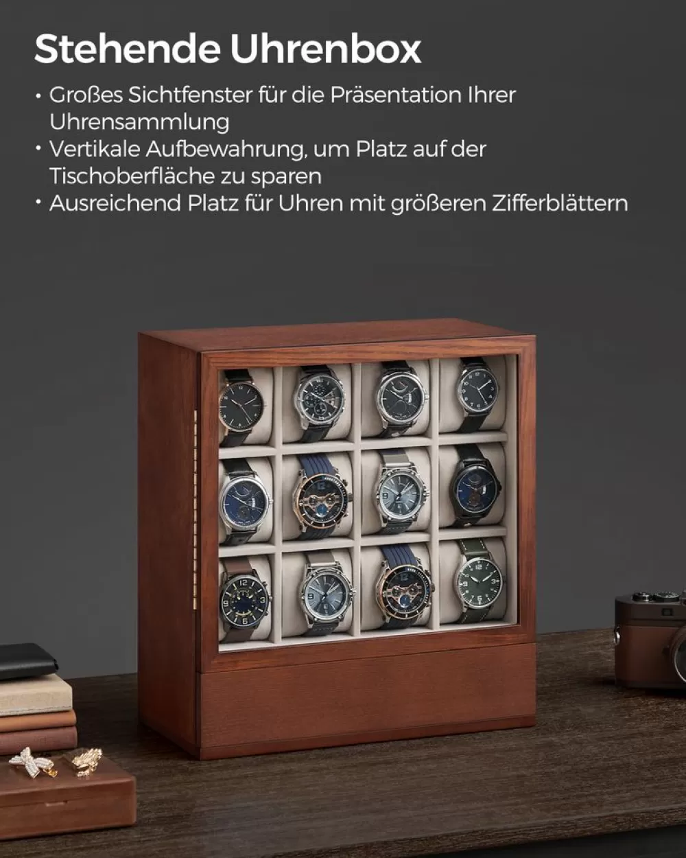 Hot SONGMICS Uhrenbox 12 Fächer mit Fenster Geschenkidee kaffeebraun