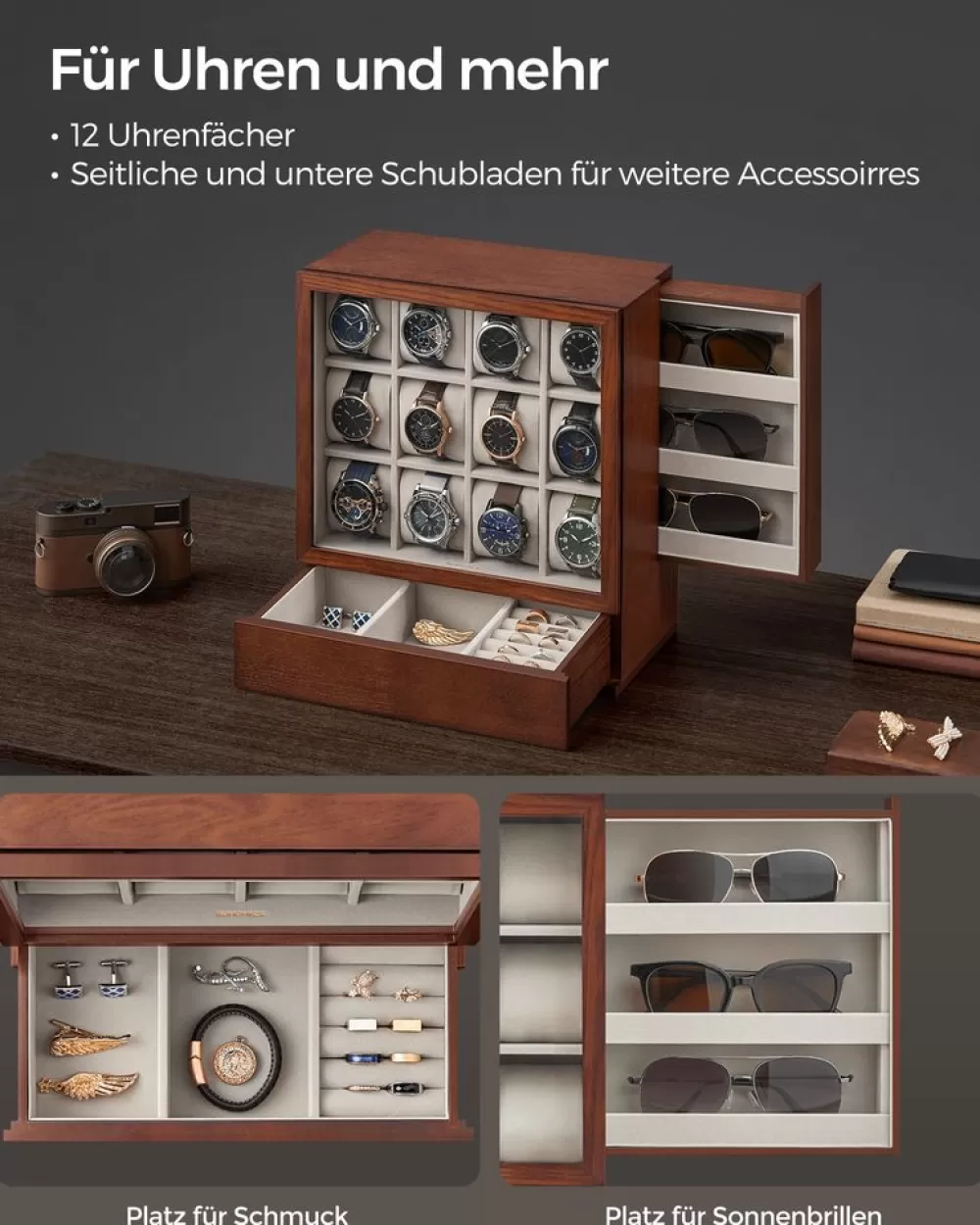 uhrenbox__fcher_mit_fenster_geschenkidee_kaffeebraun_2.webp Hot SONGMICS Uhrenbox 12 Fächer mit Fenster Geschenkidee kaffeebraun