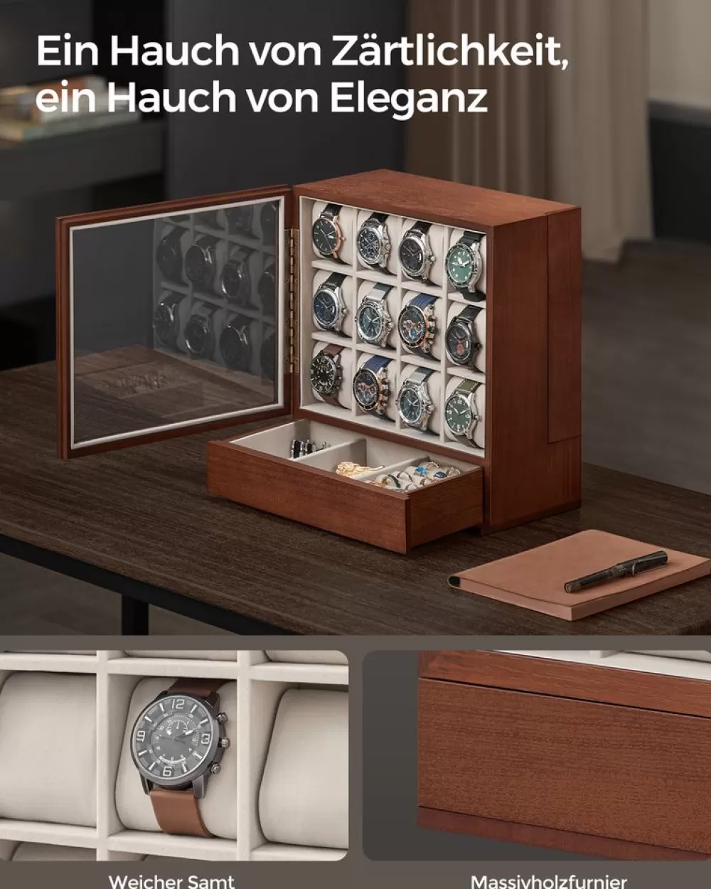 uhrenbox__fcher_mit_fenster_geschenkidee_kaffeebraun_3.webp Hot SONGMICS Uhrenbox 12 Fächer mit Fenster Geschenkidee kaffeebraun