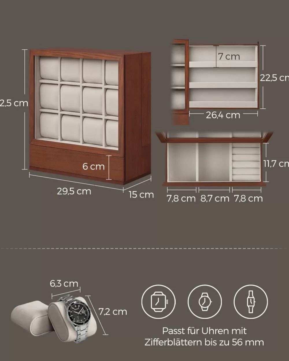 uhrenbox__fcher_mit_fenster_geschenkidee_kaffeebraun_4.webp Hot SONGMICS Uhrenbox 12 Fächer mit Fenster Geschenkidee kaffeebraun