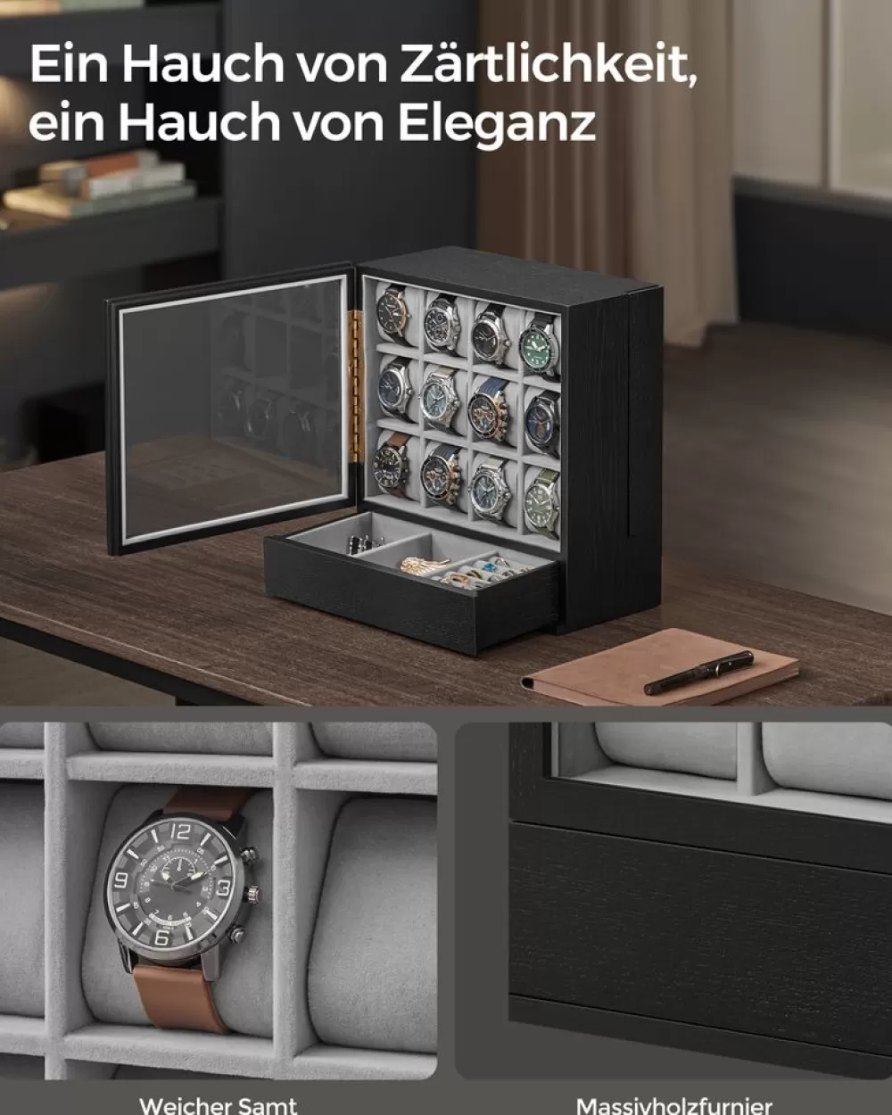 uhrenbox__fcher_mit_fenster_geschenkidee_kaffeebraun_8.webp Hot SONGMICS Uhrenbox 12 Fächer mit Fenster Geschenkidee kaffeebraun