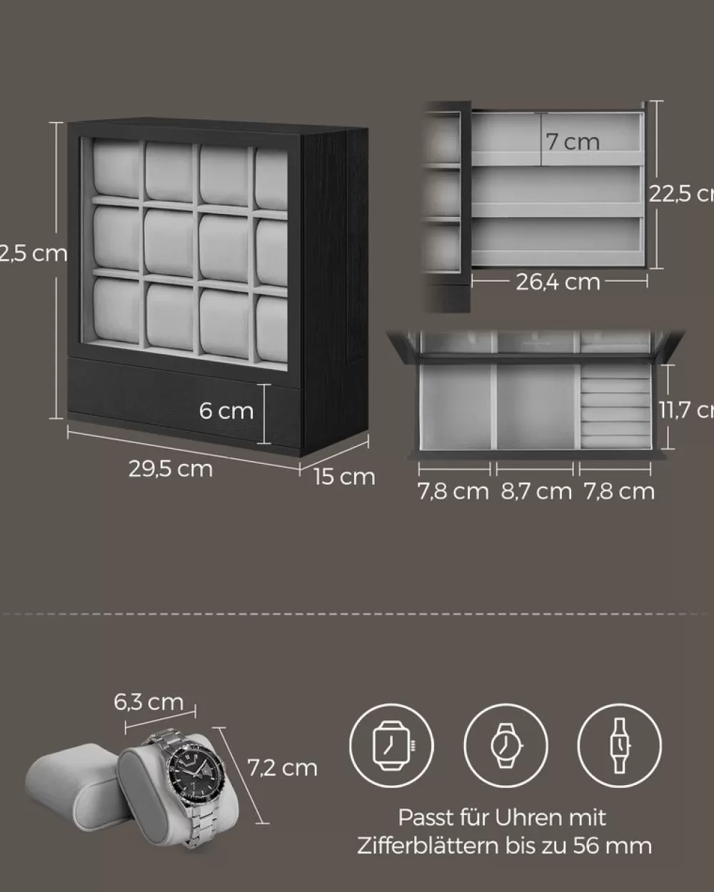 uhrenbox__fcher_mit_fenster_geschenkidee_kaffeebraun_9.webp Hot SONGMICS Uhrenbox 12 Fächer mit Fenster Geschenkidee kaffeebraun