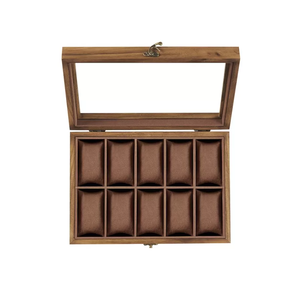 Outlet SONGMICS Uhrenbox mit 10 Fächern aus Massivholz walnussfarben