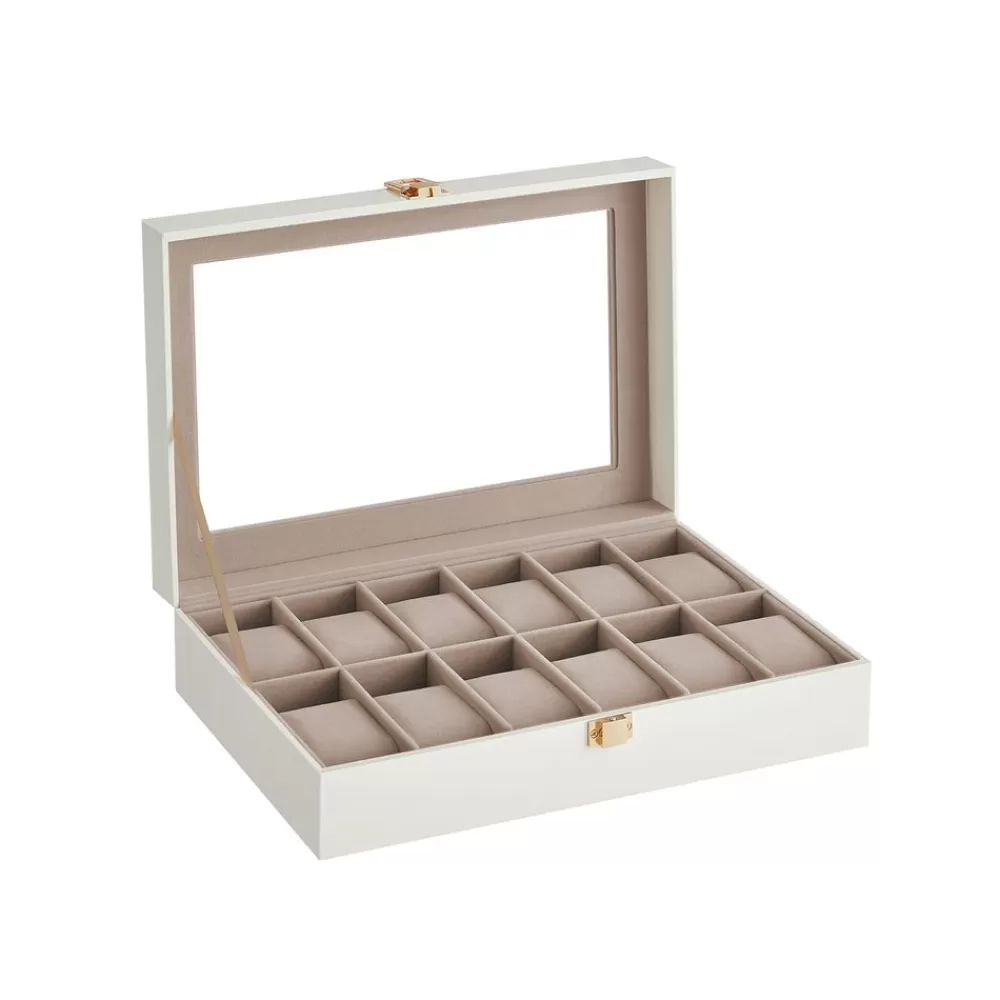 Best Sale SONGMICS Uhrenbox mit 12 Fächern Glasdeckel Metallverschluss wolkenweiß