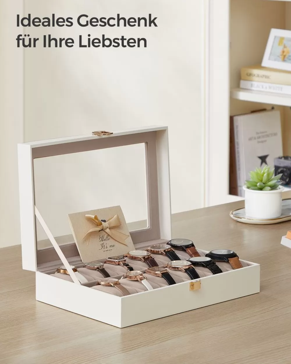 Best Sale SONGMICS Uhrenbox mit 12 Fächern Glasdeckel Metallverschluss wolkenweiß