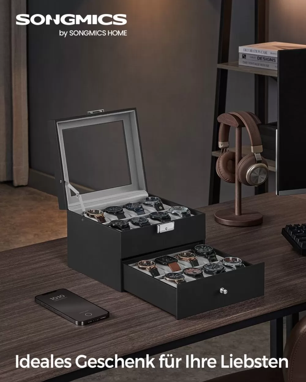 Online SONGMICS Uhrenkasten mit Glasdeckel Geschenkidee schwarz