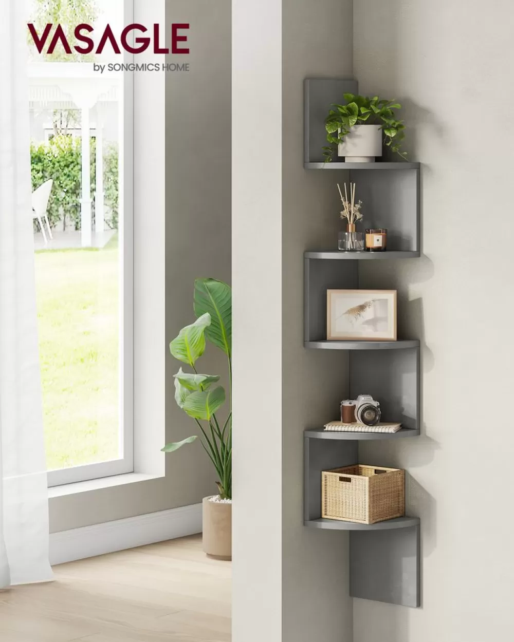Store SONGMICS Wandregal mit 5 Ablagen für Pflanzen und CDs