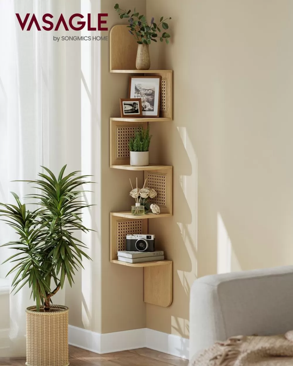 Shop SONGMICS Wandregal mit 5 Ebenen und PVC-Rattan-Seitenplatten