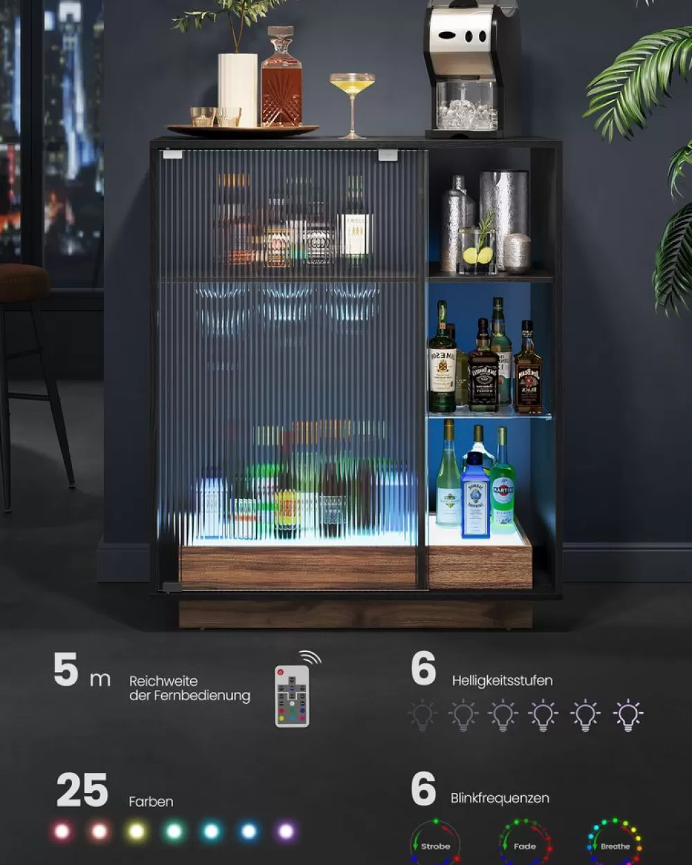 Store SONGMICS Weinschrank mit Beleuchtung und geriffelter Glastür Ebenholzschwarz