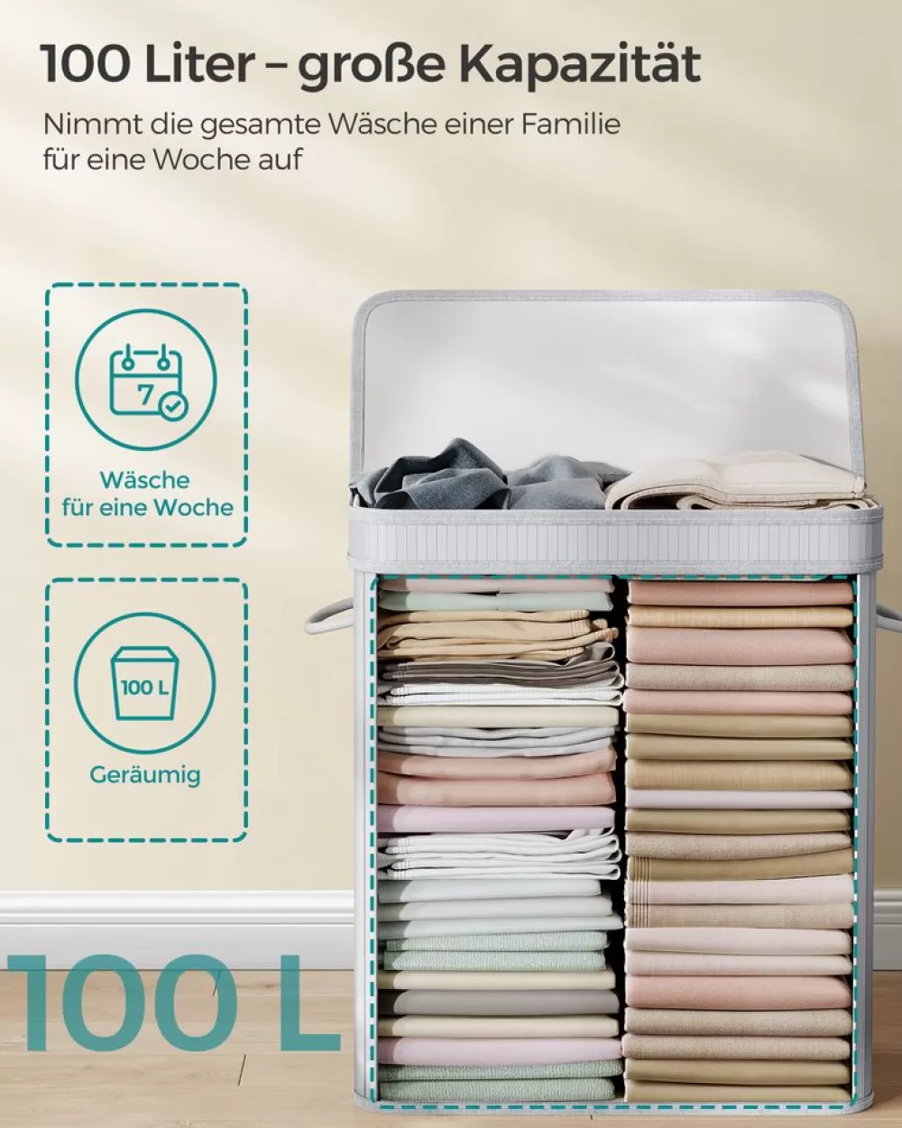 Outlet SONGMICS Wäschekorb 100 Liter aus Bambus mit Deckel und Griffen naturfarben