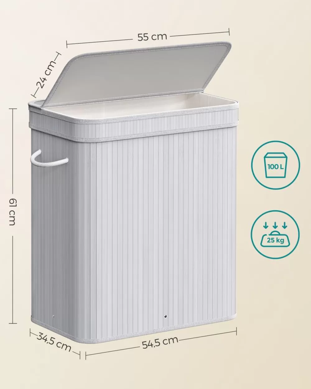 Outlet SONGMICS Wäschekorb 100 Liter aus Bambus mit Deckel und Griffen naturfarben