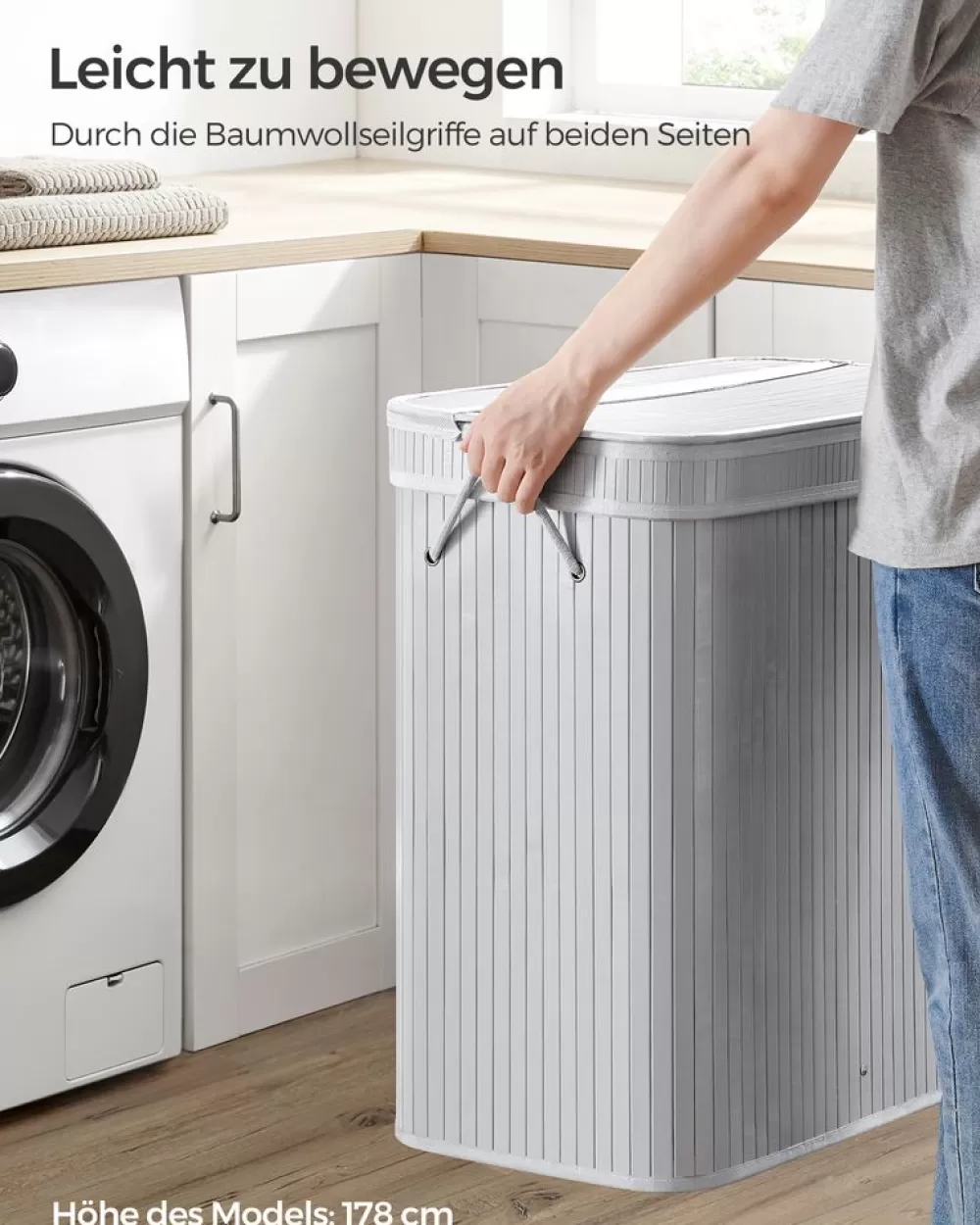 Outlet SONGMICS Wäschekorb 100 Liter aus Bambus mit Deckel und Griffen naturfarben