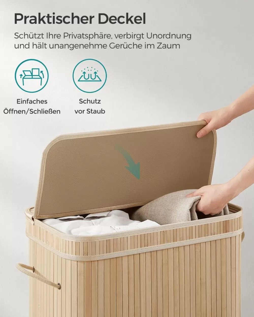 Outlet SONGMICS Wäschekorb 100 Liter aus Bambus mit Deckel und Griffen naturfarben