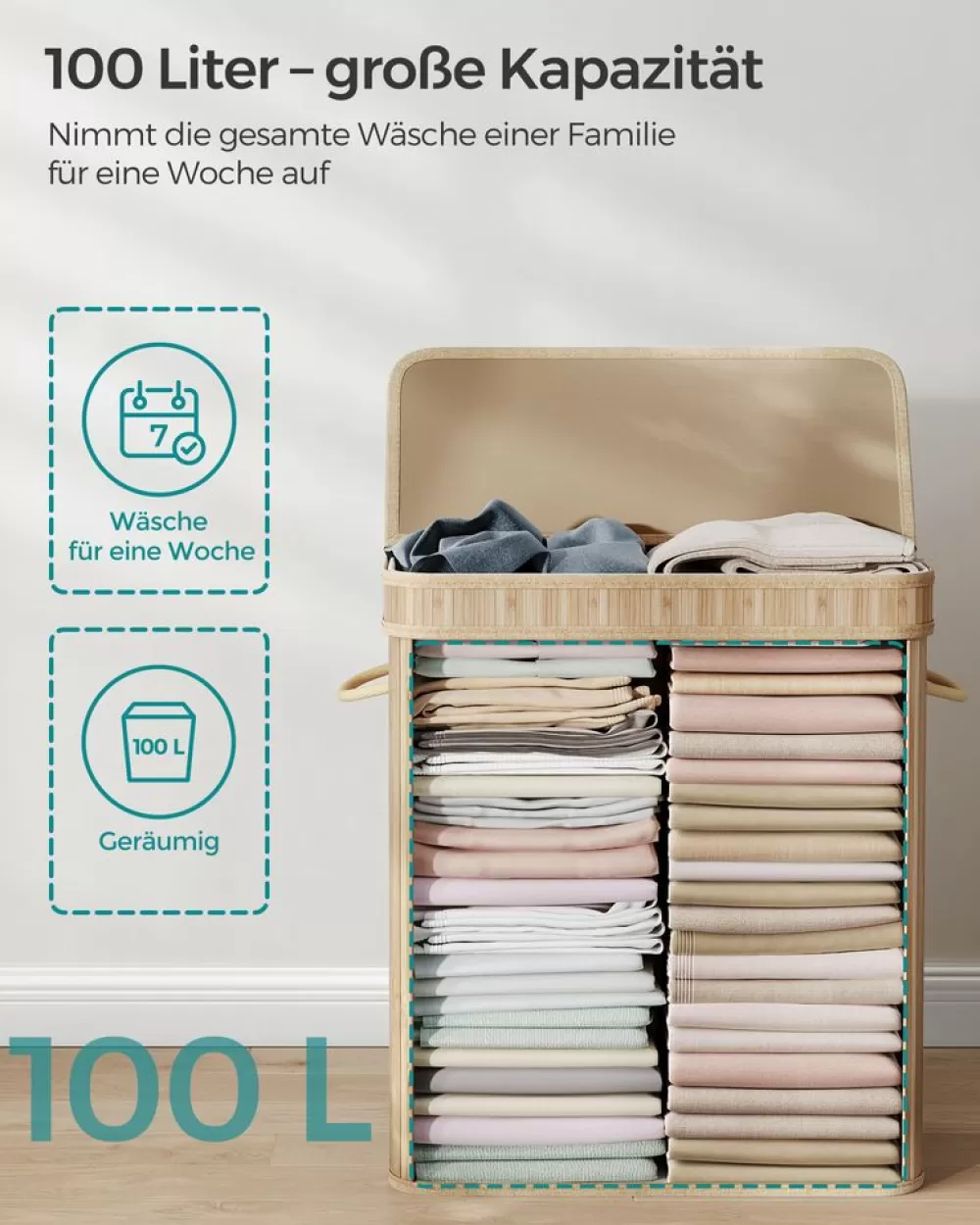 Outlet SONGMICS Wäschekorb 100 Liter aus Bambus mit Deckel und Griffen naturfarben