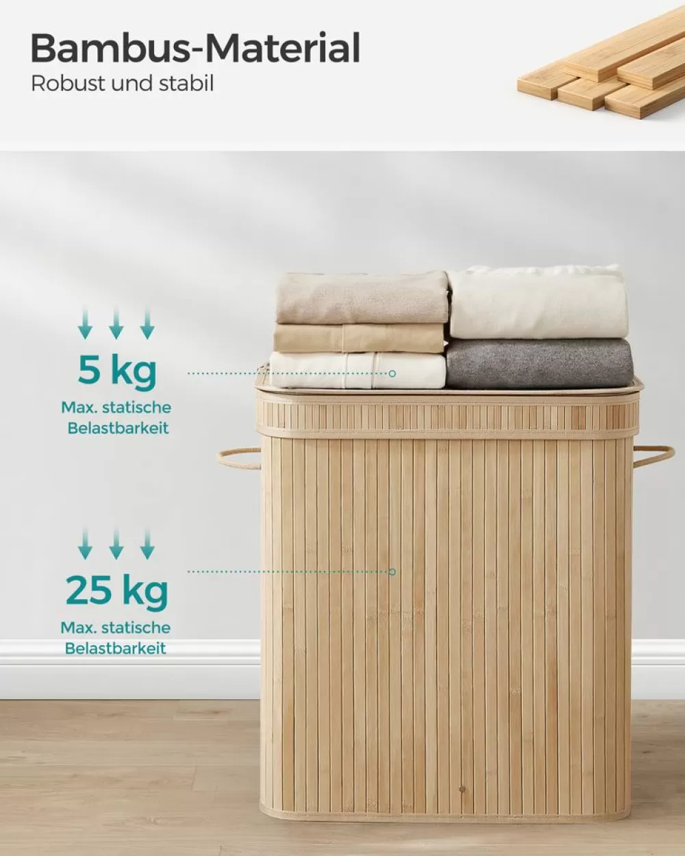 Outlet SONGMICS Wäschekorb 100 Liter aus Bambus mit Deckel und Griffen naturfarben