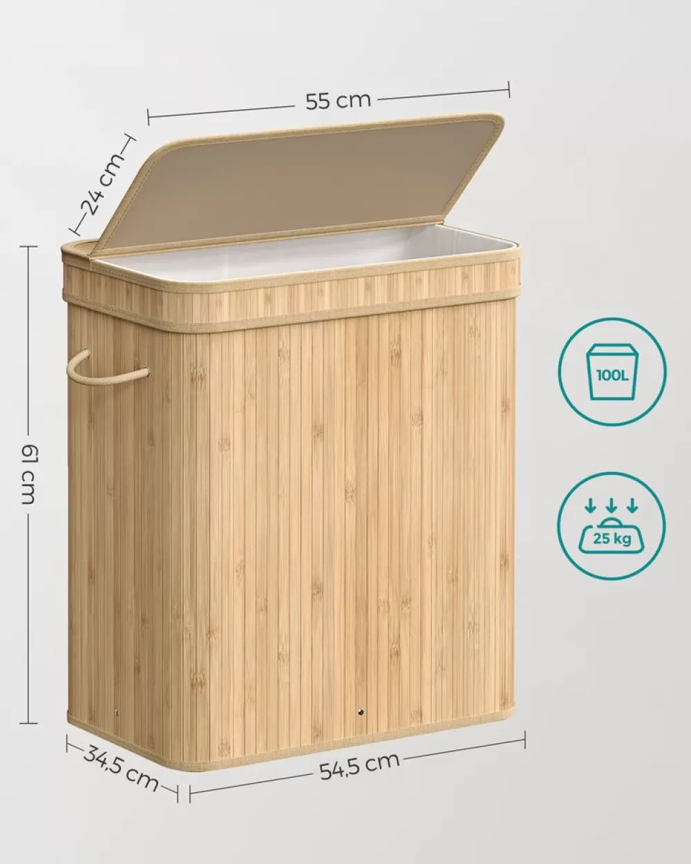 Outlet SONGMICS Wäschekorb 100 Liter aus Bambus mit Deckel und Griffen naturfarben